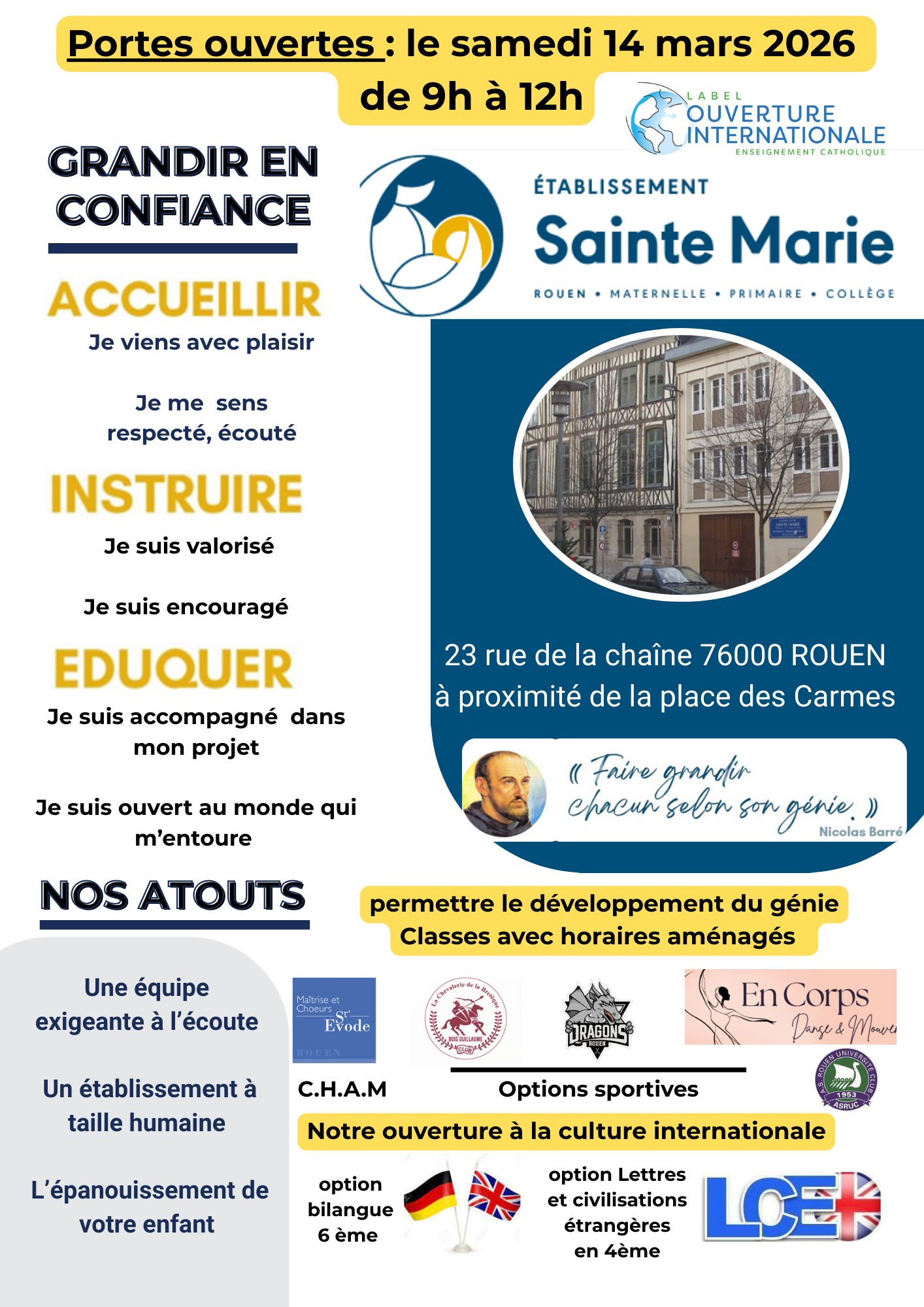 Matinée portes ouvertes : Samedi 14 mars   de 9h à 12h